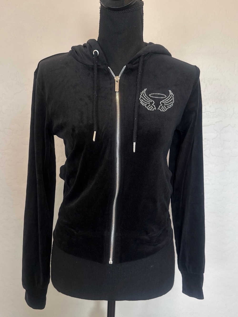 No Boundaries Black Velour Zip Hoodie with Rhinestone Wing Accent